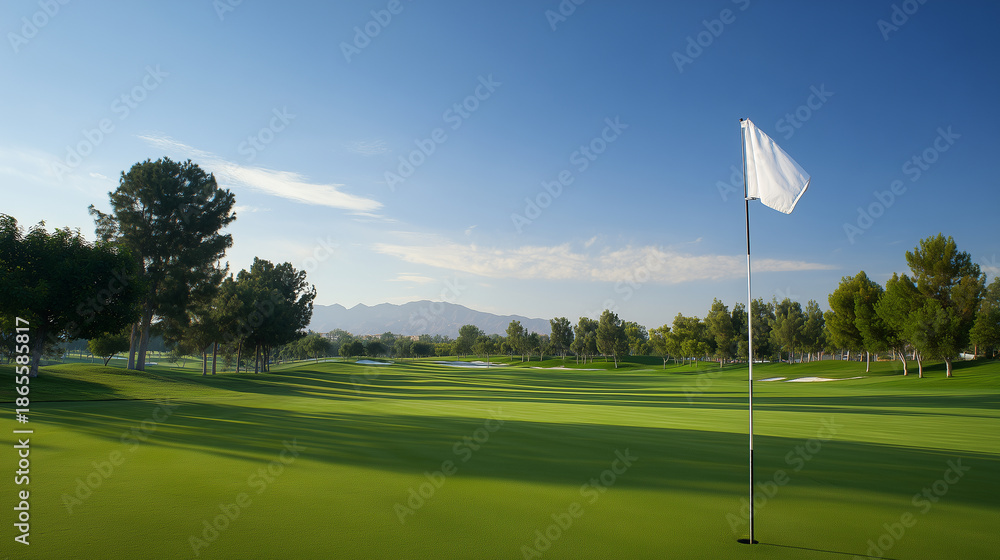 Obraz premium Empty golf green field with flagstick