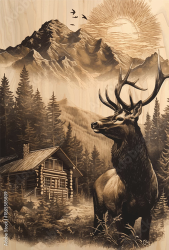 Majestic Elk by Mountain Cabin: A grand elk stands proudly before a rustic mountain cabin, with towering peaks, creating a stunning scene of untamed wilderness and serene isolation.