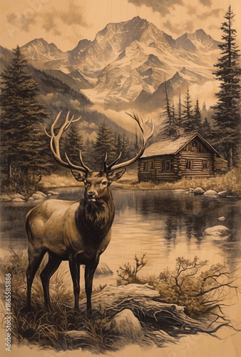 Majestic Elk in Wilderness: A regal elk stands before a tranquil lake and a cozy cabin nestled amidst majestic mountains, embodying the untamed beauty of the wilderness and the serenity of nature.