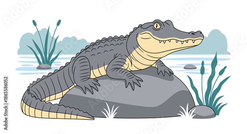 Large grey crocodile resting on a grey rock near a body of water with aquatic plants and distant bushes under a clear sky.