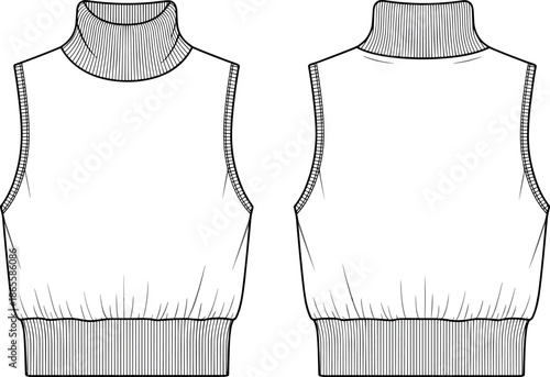 Fashion technical sketch of a women sleeveless cropped turtleneck knit top vest with ribbed hem and neckband line art vector