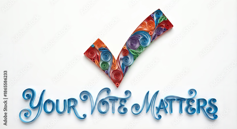 Obraz premium Your Vote Matters Quilling Paper Art Check Mark with Colorful Spiral Design