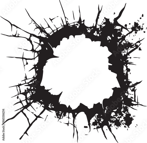 Impact Circle Abstract: An abstract graphic featuring a jagged, black circle, creating a stark contrast and intriguing visual impact. The design evokes a sense of breakage and fragmentation.
