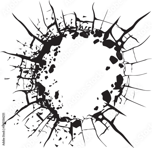 Shattered Impact: A graphic depiction of a circular shatter, showcasing the raw force and aftermath of a powerful impact. 