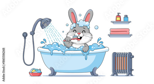 Cute grey rabbit having a bubble bath in a white clawfoot tub while joyfully brushing its teeth with a red toothbrush in a cozy bathroom.