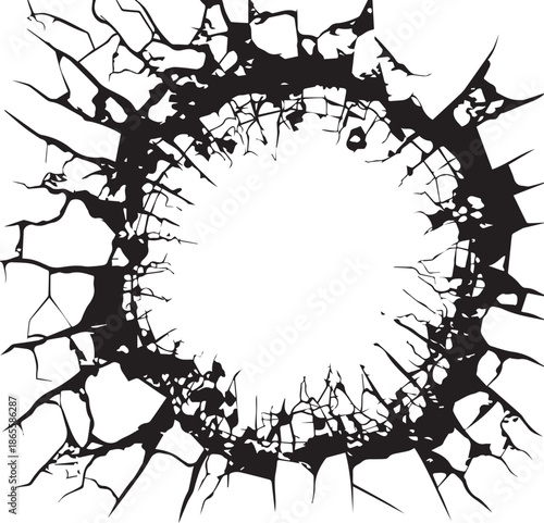 Cracked Circle Abstract: A stark black and white depiction of a circle shattered, revealing a network of fissures, creating a compelling visual metaphor of rupture and impact.