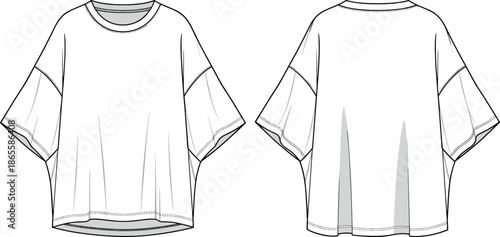 Oversized Boxy Fit Heavyweight Cotton T-shirt Technical Flat Sketch Vector Template with Drop Shoulder and Wide Sleeves for Apparel Design