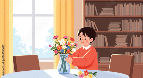 Young boy in an orange sweater happily arranging a colorful bouquet of flowers in a glass vase on a table in a cozy room with bookshelves.