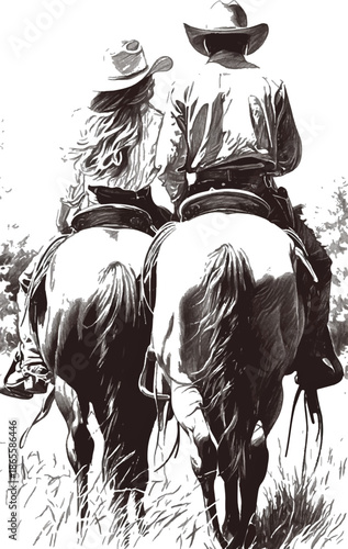 Riders on horseback: A cowboy and cowgirl ride into the sunset, an iconic image of the American West. Capturing a timeless spirit of adventure and a bond.