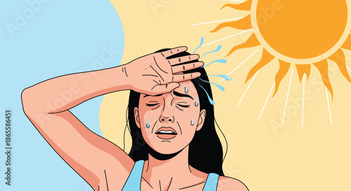 Woman suffering from intense heat, wiping sweat from her forehead with a distressed expression under a large, blazing yellow sun in the sky.