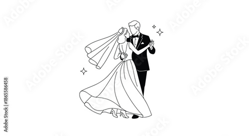 Elegant black and white line drawing of a bride and groom dancing together at their wedding, surrounded by small decorative stars on a white background.