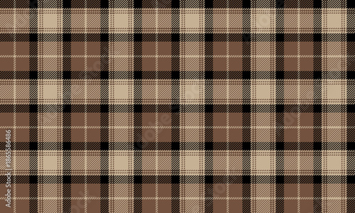 Seamless plaid fabric in brown, beige, and black is ideal for fashion design, clothing, skirts, and trousers, giving a classic, elegant, and modern feel.
