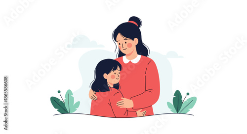 Loving mother in a red shirt tenderly hugging her young daughter, expressing affection and a strong family bond in a soft outdoor setting.