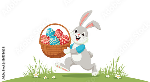 Cheerful Easter bunny in a blue shirt running through a meadow, carrying a wicker basket filled with colorful, patterned Easter eggs.