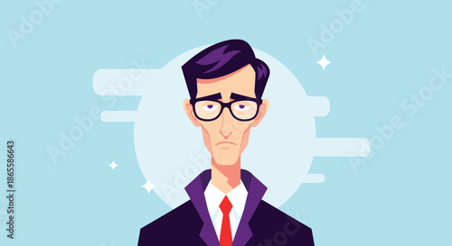Symmetrical portrait of a sad-looking businessman with glasses and a purple suit, looking tired against a light blue abstract background.