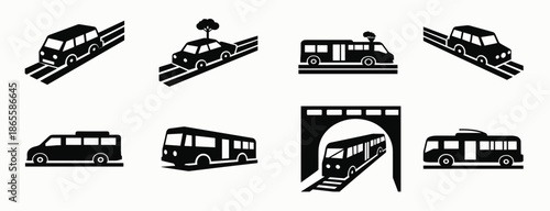 black and white icons of various public transportation 