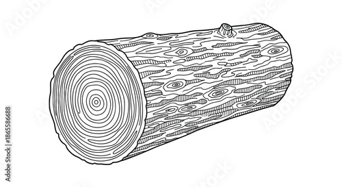 Detailed black and white line art of a cut tree log, showcasing the intricate rings and rough bark texture on its side in a realistic style.