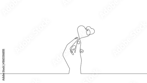 Continuous line hand holding small heart illustration vector, love affection care and emotional connection concept