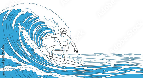 Skillful surfer in a wetsuit riding through the inside of a massive, curling blue tube wave in the middle of a vast and powerful ocean.