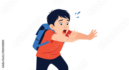 Young boy with a blue backpack looking shocked and scared, with sweat drops flying and his hands raised as if to stop something approaching.