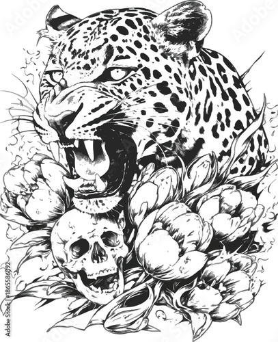 Leopard Art and Skull: A fierce leopard, its teeth bared in a snarl, is interwoven with a skull, and an array of delicate flowers, creating a dramatic, artful scene. 