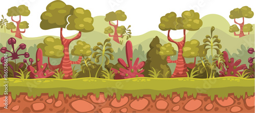 Cartoon Jungle Game Background with Tropical Trees, Exotic Plants and Cross-Section Soil Layer