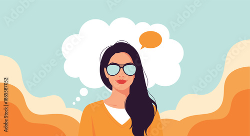 Stylish woman with long dark hair and sunglasses looking forward with a large white thought bubble over her head against a colorful wavy background.
