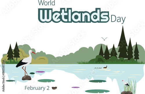World Wetlands Day Scenic Illustration with Stork and Lake Landscape