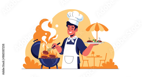 Friendly chef in a white apron and hat stands at a barbecue grill cooking burgers with flames and smoke rising against a warm orange background.