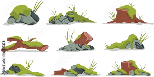 Collection of Nature Elements with Mossy Stones Stumps and Tree Logs
