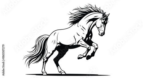Dynamic black and white illustration of a powerful horse rearing up on its hind legs with a flowing mane and tail against a clean white background.