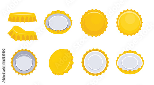 nine yellow bottle caps lying in different positions