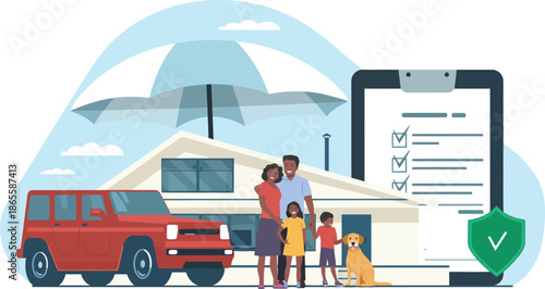 Comprehensive Family Insurance Concept with House Car and Large Protective Umbrella