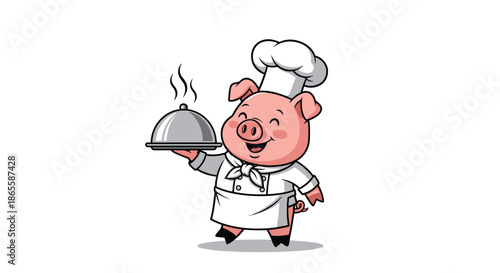 Happy cartoon pig dressed as a professional chef in a white uniform holding a silver cloche platter with steam rising from it on a white background.