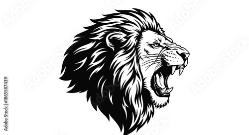 Intricate black and white graphic illustration of a roaring lion head showing its sharp teeth and thick mane against a stark white background.