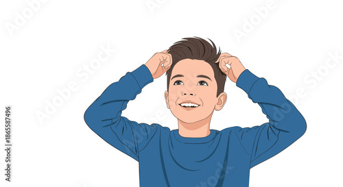 Young boy with a bright smile looking up and using his hands to style or fix his brown hair against a clean white background.