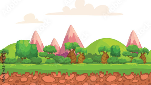 Colorful Cartoon Game Landscape Background for Platformer Level Design with Rolling Hills, Diverse Trees and Distant Pink Mountains