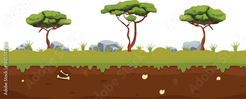 Savanna Ground Cross-Section Illustration with Trees Fossils and Rocks