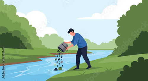 Man in a blue shirt standing on a riverbank and dumping a bucket of trash and industrial waste into the clean flowing water.