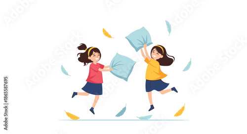 Two young girls in colorful shirts jumping and having a playful pillow fight with feathers flying around them on a white background.