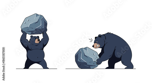 Strong bear lifting a giant heavy rock over its head while another bear struggles to move a similar large boulder on the ground.