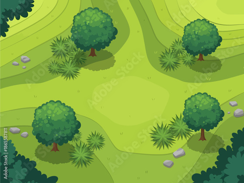 A vibrant top-down vector illustration of a lush grassy landscape featuring scattered trees, bushes, and rocks on rolling terrain, perfectly designed for video game maps and nature background scenes
