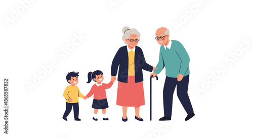 Loving multi-generational family showing a grandmother and grandfather walking and holding hands with two small grandchildren.