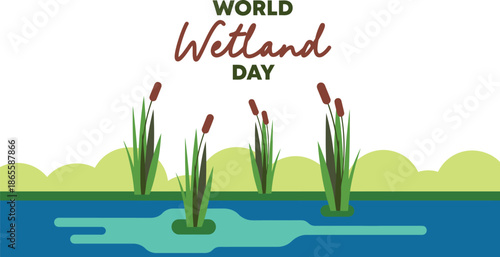 World Wetland Day Illustration with Cattails and Water Surface