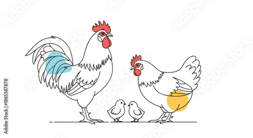 Charming farm scene featuring a proud rooster, a mother hen, and two small yellow chicks standing together on a white background.