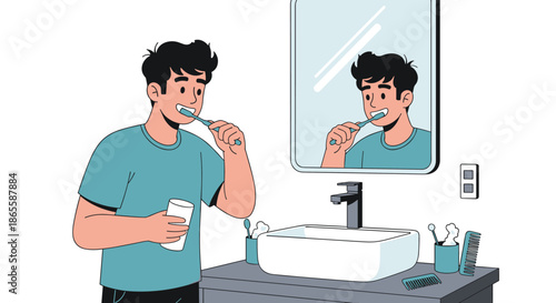 Young man in a blue shirt standing in front of a bathroom mirror and carefully brushing his teeth as part of his morning routine.