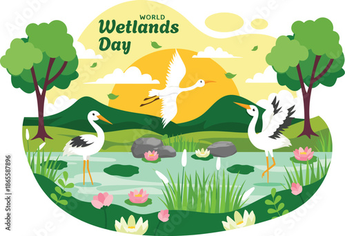 World Wetlands Day Vibrant Landscape with Storks and Water Lilies in a Circular Frame Composition