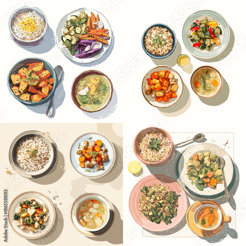 Hand painted watercolor food collection of soups and warm meals with vegetables grains and herbs served in bowls for comfort food and menu design