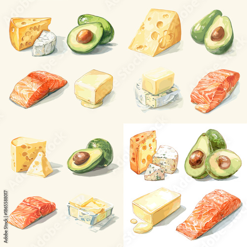 Watercolor illustration set of cheese butter salmon and avocado arranged as fresh food ingredients for cooking nutrition and healthy lifestyle concepts