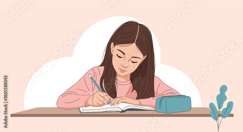 Young female student deeply focused on writing her school homework in a notebook at a desk with a pencil and a blue stationery case on the side.